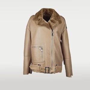 Genuine Sheepskin Shearling Biker Jacket: Women&#39;s Leather Coat