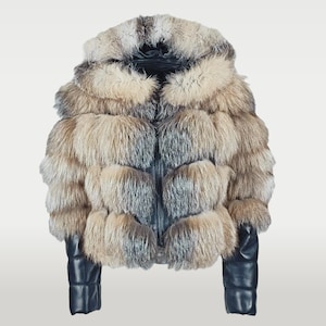 Real Fox Fur Hooded Jacket For Women With Genuine Leather Details | Stylish Chevron Design, Luxury & Elegance Real Fox Fur Jacket For Women