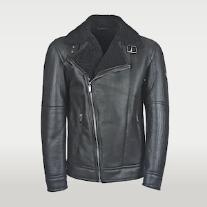 Black Sheepskin Biker Jacket: Genuine Lambskin Leather Shearling