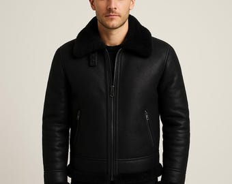 Men’s Black Shearling Bomber Jacket – Genuine Sheepskin Winter Coat