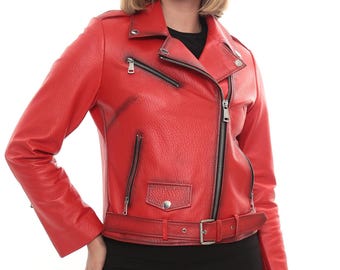 Red Lambskin Leather Motorcycle Jacket: Women's Pebbled Biker Coat