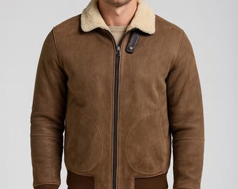 Herren Beige Lammfell Bomberjacke: Echter Schaffell-Ledermantel