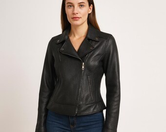 Women's Black Lambskin Leather Biker Jacket: Handmade Motorcycle Style