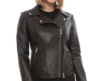 Blouson de motard en cuir marron pour femme : manteau de motard en cuir d'agneau véritable
