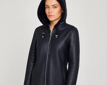 Women’s Black Hooded Shearling Jacket – Genuine Sheepskin Leather Coat with Fur Lined