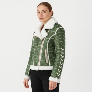 Crocodile Pattern Shearling Biker Jacket: Genuine Sheepskin Leather, Lace Details