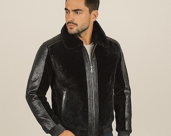 Schwarze Mouton Shearling Herrenjacke: Ärmel aus echtem Pythonleder, Nerzpelzkragen