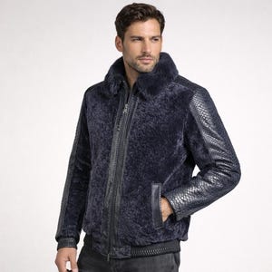 Herren Mouton Schaffell Shearling Jacke: Echte Python-Haut-Ärmel, Nerzpelzkragen