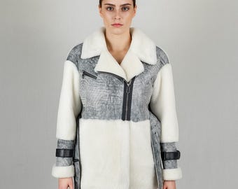 Blouson motard en peau de mouton retournée véritable - Manteau d'hiver long