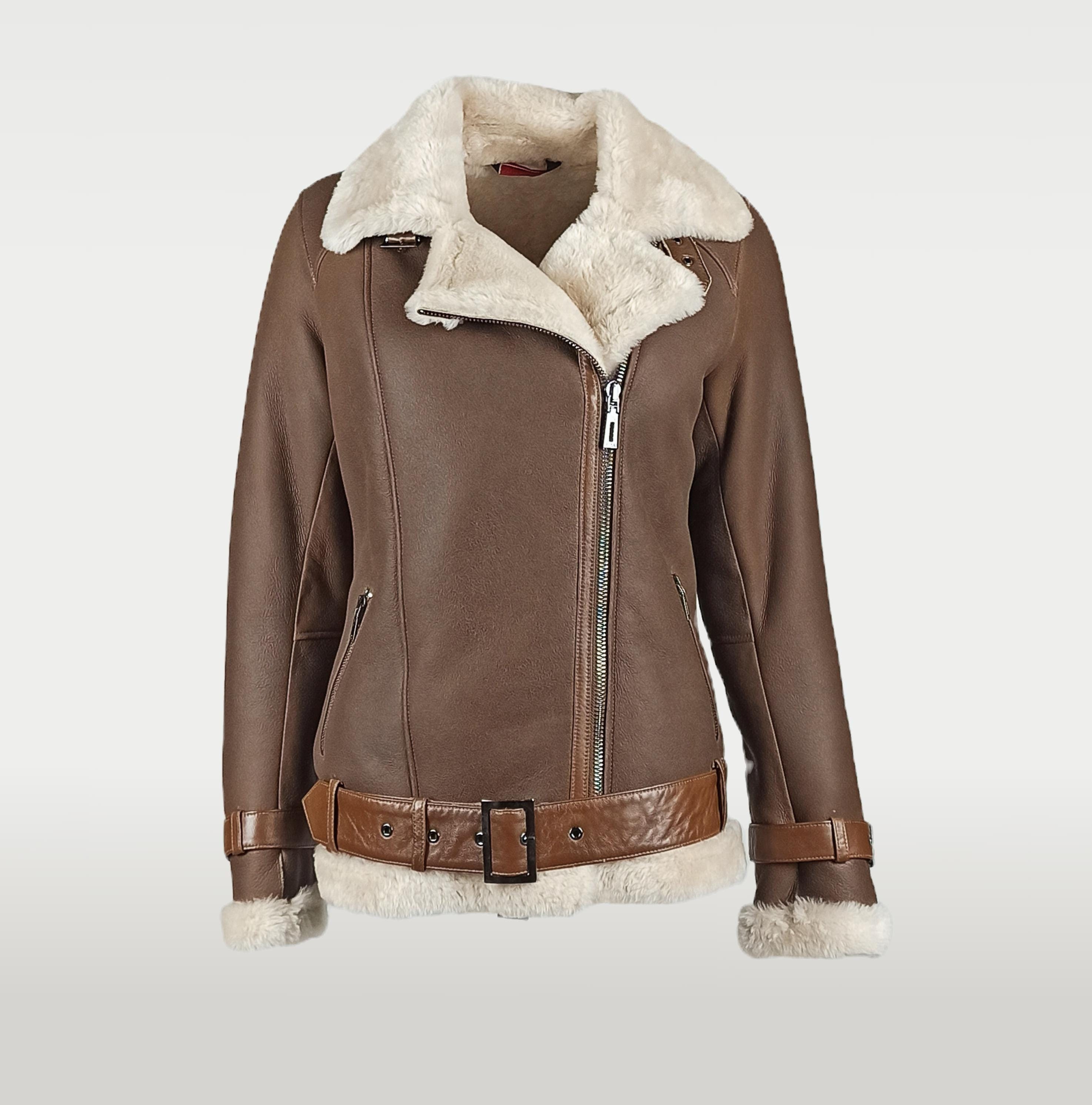 Giacca Bomber Donna In Vera Pelle Di Pecora Nera Con Shearling Marrone - Artigianale Pakistan