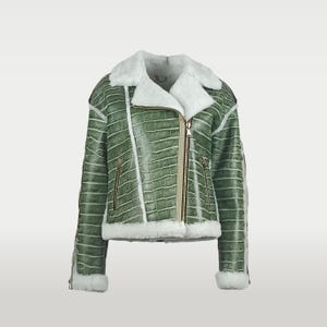 Crocodile Pattern Shearling Biker Jacket: Genuine Sheepskin Leather, Lace Details