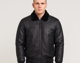 Men's Lambskin Leather Puffer Jacket: Sheepskin Fur Collar