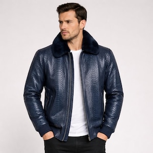 Python Skin Bomber Jacket with Mink Fur Collar - Handmade Snake Leather Luxury Coat