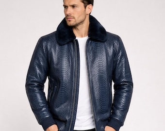Python Skin Bomber Jacket mit Nerzpelzkragen - Handgefertigter Schlangenleder Luxus Mantel