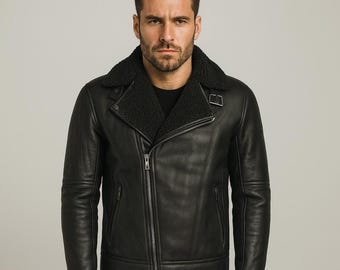 Schwarze Lammfell-Bikerjacke: Echter Schaffell-Leder-Lammmantel