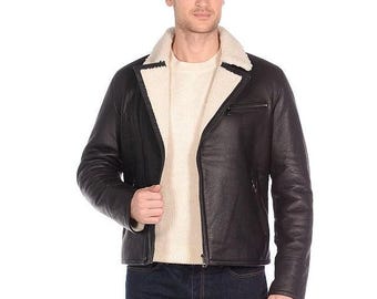 Giacca da aviatore in pelle di montone nera da uomo - Cappotto in pelle di pecora fatto a mano
