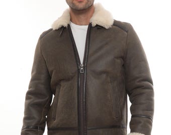 Men’s Distressed Brown Shearling Bomber Jacket – Sheepskin Winter Aviator Coat