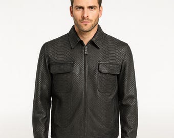 Oryginalna męska kurtka ze skóry pytona – luksusowa kurtka z egzotycznej skóry węża, ręcznie robiony designerski płaszcz