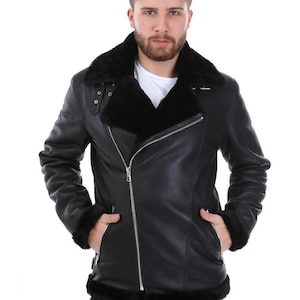 Herren Lammfell Bikerjacke, schwarze Fliegerjacke | Echter Schaffell Wintermantel | Leder Fliegerjacke | Pelzjacke, Pilotenjacke aus Leder