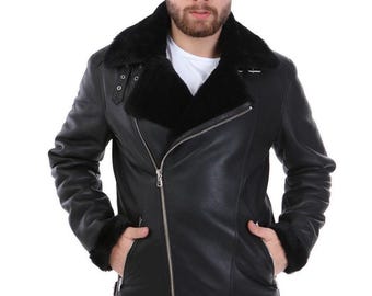 Men's Shearling Biker Jacket: Real Sheepskin Leather Aviator Coat