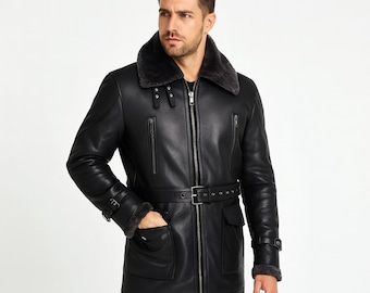 Abrigo largo de piel de oveja negra para hombre: abrigo de invierno de piel de oveja con cinturón hasta la rodilla