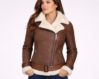 Women's Brown Shearling B3 Bomber Jacket: Genuine Sheepskin Aviator Coat