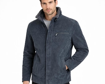 Men's Navy Blue Sheepskin Shearling Coat: Genuine Lambskin Leather