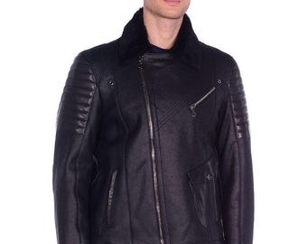 Men’s Black Shearling Biker Jacket – Genuine Sheepskin Winter Coat, Warm Aviator Moto Style