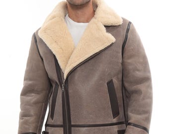 Men’s Brown Shearling Aviator Jacket – Taupe Sheepskin Pilot Coat with Fur Lining