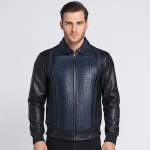 Jaqueta masculina de couro de píton e cordeiro - Slim Fit pele de cobra