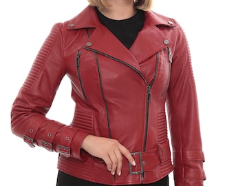 Women’s Red Moto Leather Jacket: Biker Style Slim Fit Lambskin Coat
