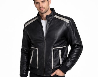 Herren Lammlederjacke mit echtem Python-Haut-Detail - Made in der Türkei