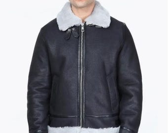 Giubbotto bomber in montone nero da uomo: cappotto da aviatore in vera pelle di pecora