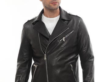 Lambskin Leather Motorcycle Jacket: Men's Black Biker Coat