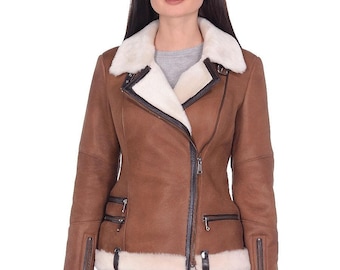 Women's Brown Shearling Biker Jacket: Genuine Sheepskin Warm Winter Moto Style Coat