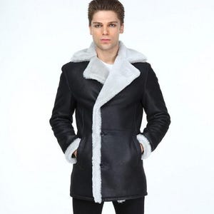 Men&#39;s Black Shearling Jacket | Sheepskin Coat with White Fur Lining | Warm Winter Coat | Real Shearling Coat | Warm Winter Gift For Him