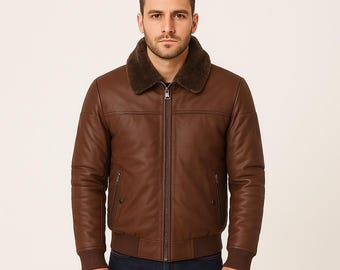 Lammfell Leder Steppjacke: Brauner Schaffell Pelzkragen für Herren