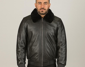Men's Deerskin Embossed Leather Bomber Jacket: Genuine Sheepskin Shearling Lined