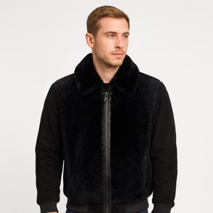 Men's Shearling Mouton Jacket: Python Trim, Mink Collar, Suede Leather