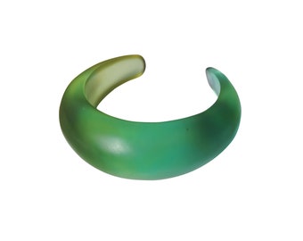 May include: A green and yellow ombre resin bangle bracelet. The bracelet is smooth and has a rounded shape.