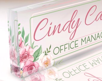 Custom Pink Acrylic Floral Desk Name Plate: Elegant Office Decor