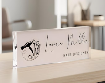 Custom Acrylic Desk Name Plate | Gift for Hairdressers & Hair Stylists | Beauty Salon Decor