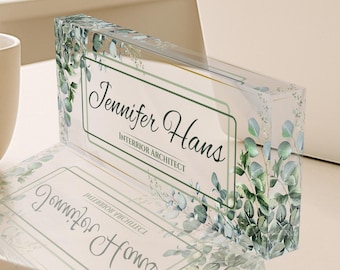 Personalized Acrylic Desk Name Plate: Green Leaf Office Decor