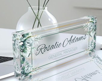 Custom Acrylic Desk Name Plate - Floral Office Decor - Personalized Teacher Gift - Desk Plaque