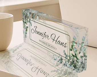 Custom Acrylic Desk Name Plate, Personalized Desk Name Plaque With Green Leafs, Clear Acrylic Glass Name Plate, Customized Women Office Gift