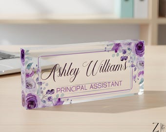 Custom Floral Acrylic Desk Name Plate | Unique Teacher Gift & New Job Decor