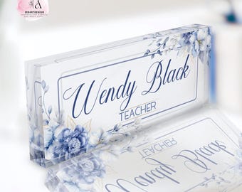 Custom Acrylic Desk Name Plate: Blue Floral Boss Lady Gift
