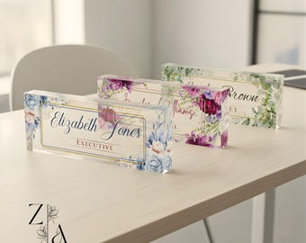 Custom Floral Acrylic Desk Name Plate with Job Title | Office Decor | Graduation & Promotion Gifts