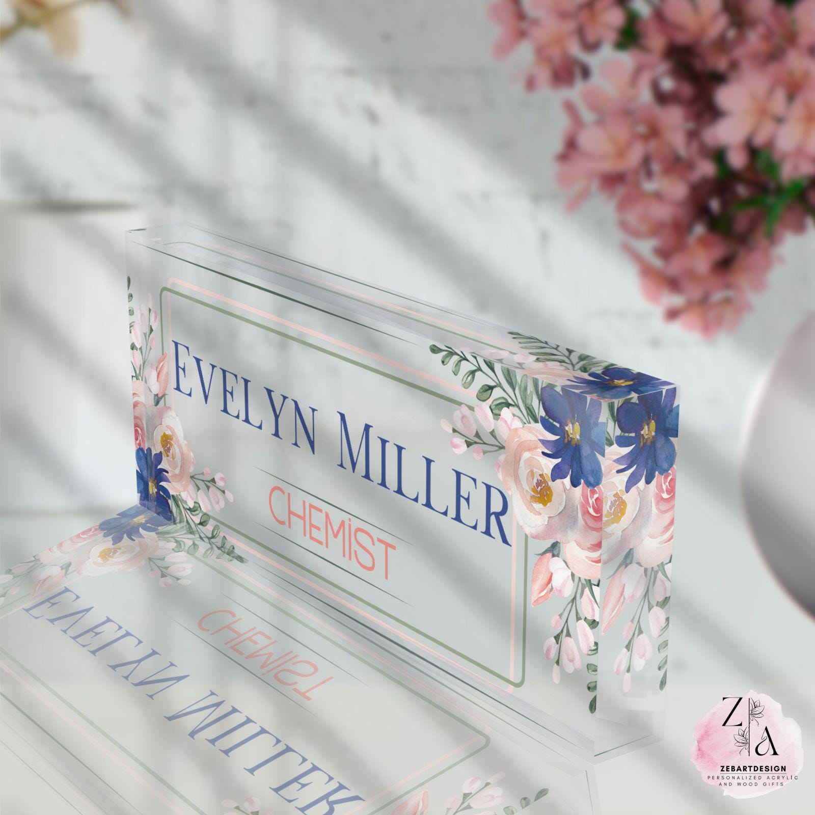 Elegant Custom Desk Sign – Personalized Acrylic Name Plate With Floral ...