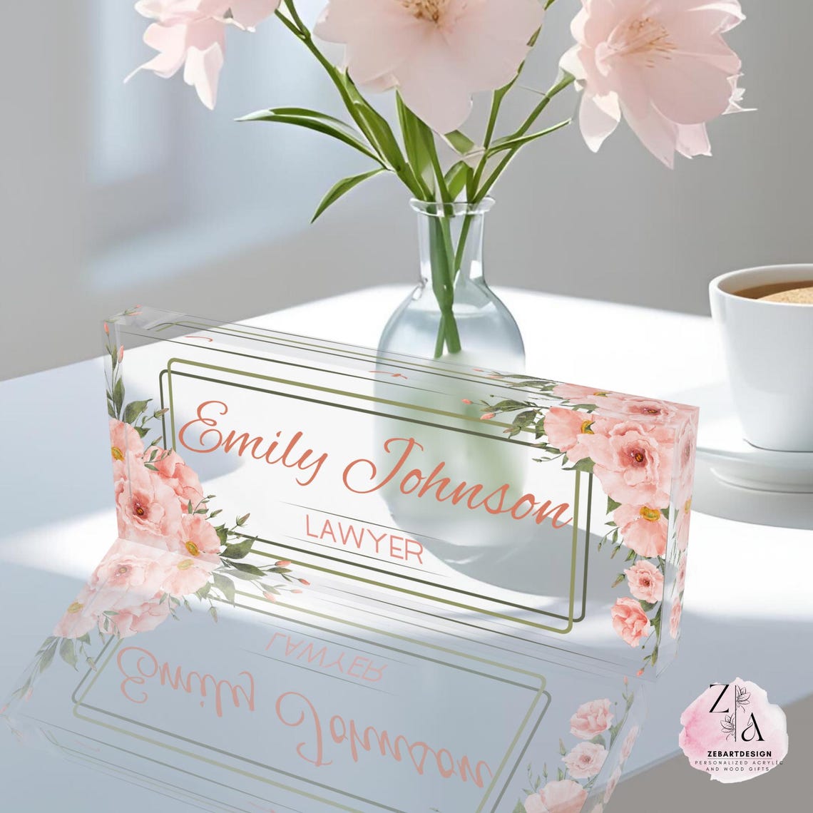 Elegant Custom Desk Sign – Personalized Acrylic Name Plate With Floral ...